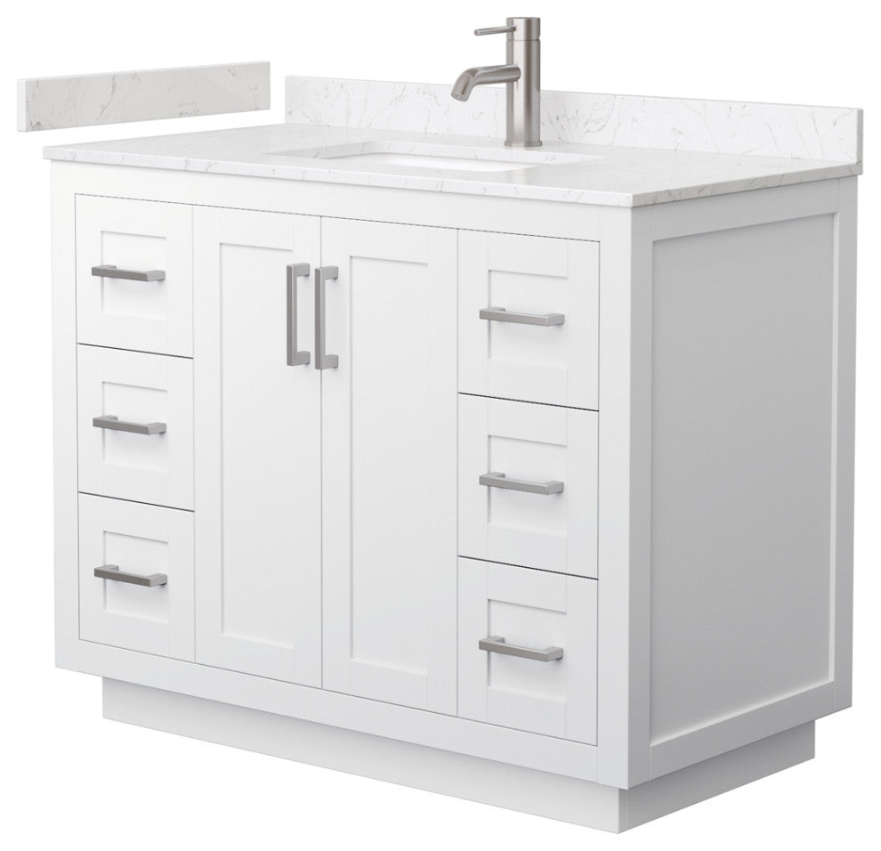 42"SGL Vanity White, Light-Vein Carrara Cult. Marble Top, Sink, Nickel Trim