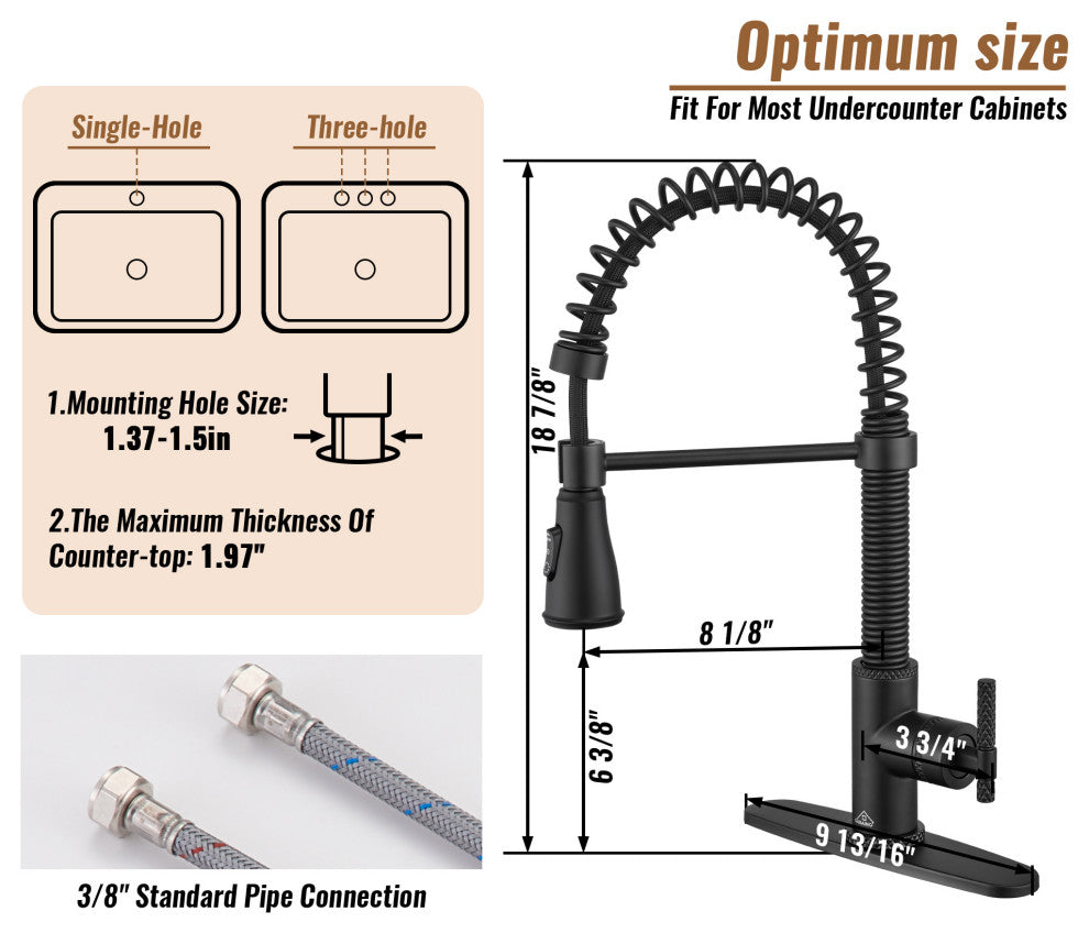 Single Handle Kitchen Faucet Pull-Down Sprayer, 360 Swivel, Three Functions, Matte Black