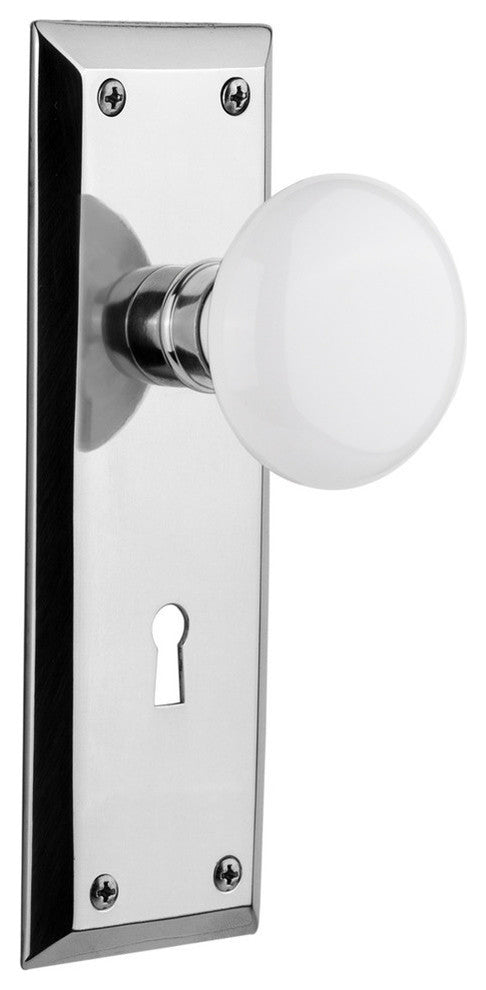New York Plate Interior Mortise White Porcelain Door Knob, Bright Chrome