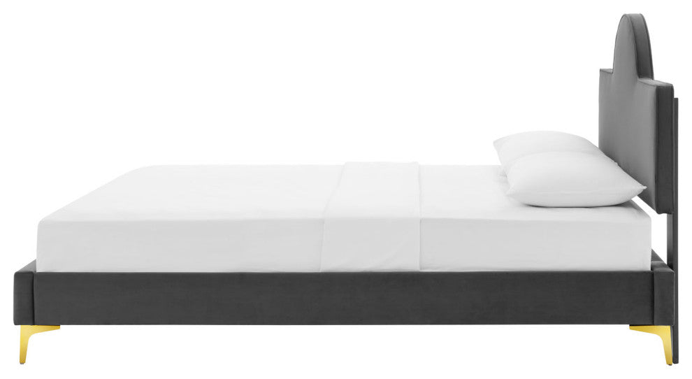 Platform Bed Frame, King Size, Charcoal Gray, Velvet, Modern, Guest Suite