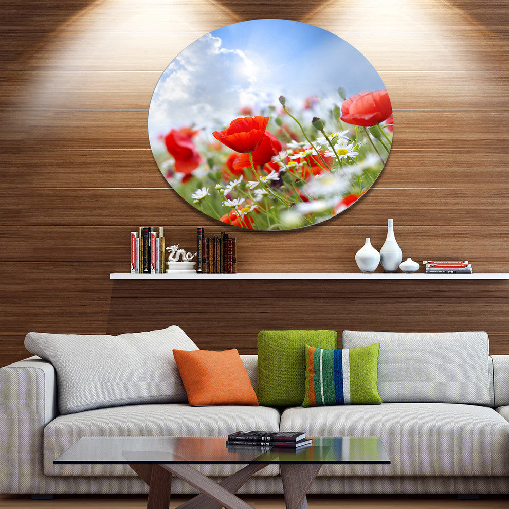 Lovely Red Poppies On Sky Background, Floral Disc Metal Wall Art, 11"