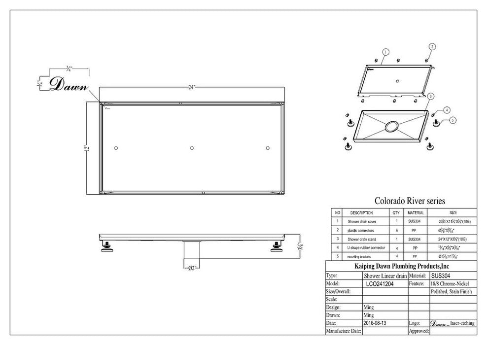Dawn  Colorado River Series Tile Insert Linear Shower Drain, 24"x12"