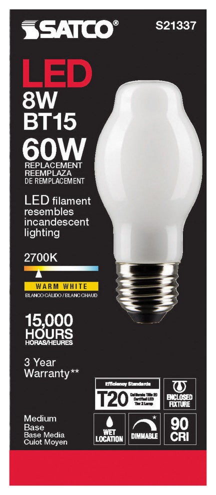 8W BT15 LED, White, Medium Base, 90 CRI, 2700K, 120V