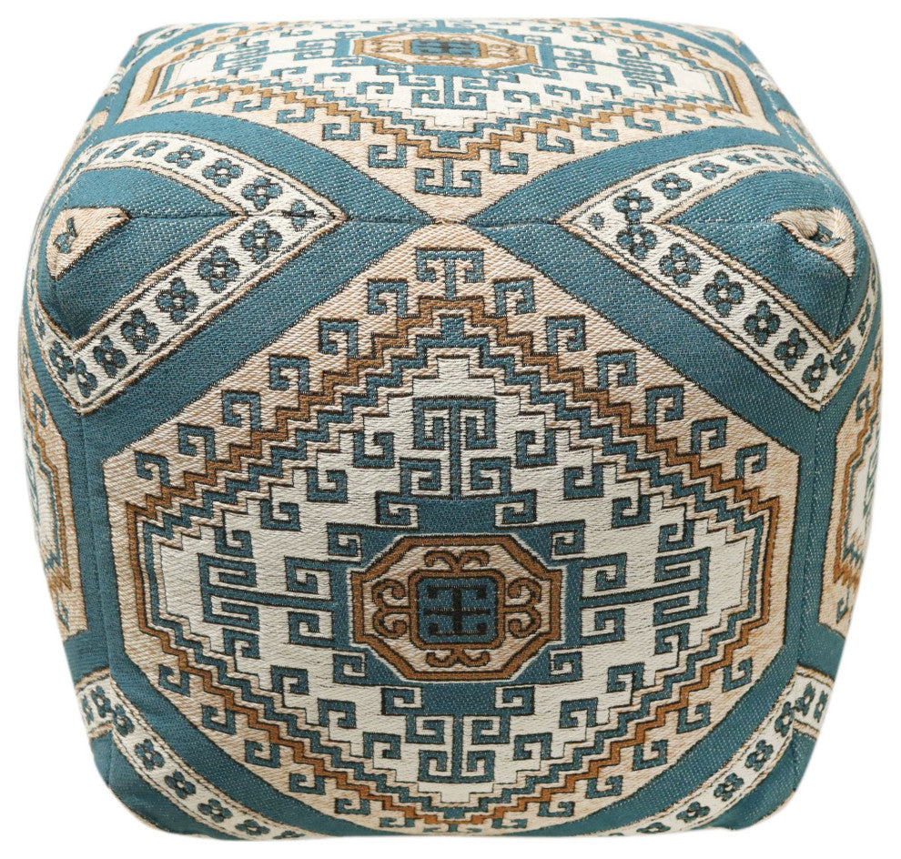 Turquoise Machine Woven Palomas Pouf, 18" Cube