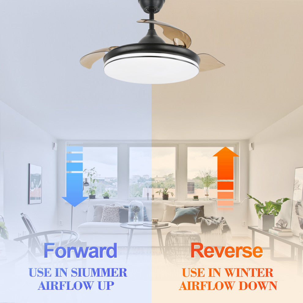 42" Modern Retractable Ceiling Fan with Light Kit and Remote Control 3 Blades, Black, 42"