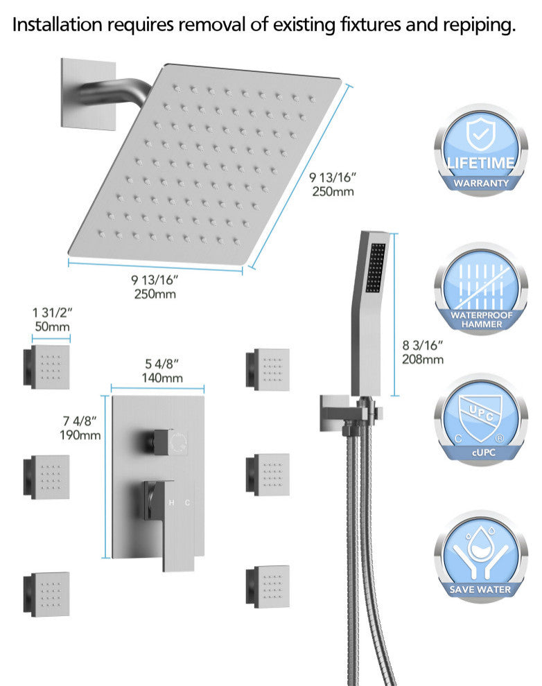 3-Function Shower Faucet System with Pressure Balance Valve, Brushed Nickel