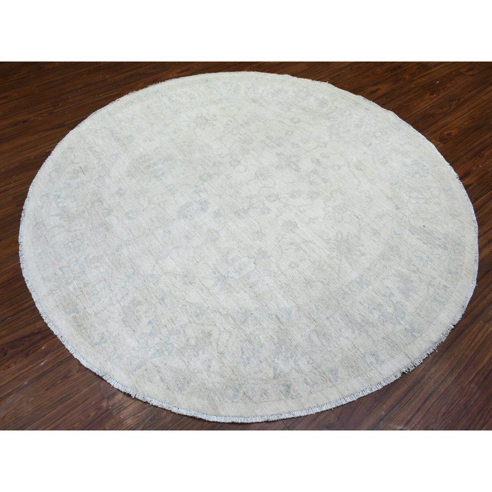 Ivory, White Wash Peshawar, Soft Wool Hand Knotted Round Rug, 7'10"x7'8"