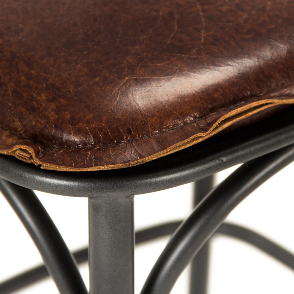 Zain Bar Stool, Black Frame, Antique Black, Brown Leather