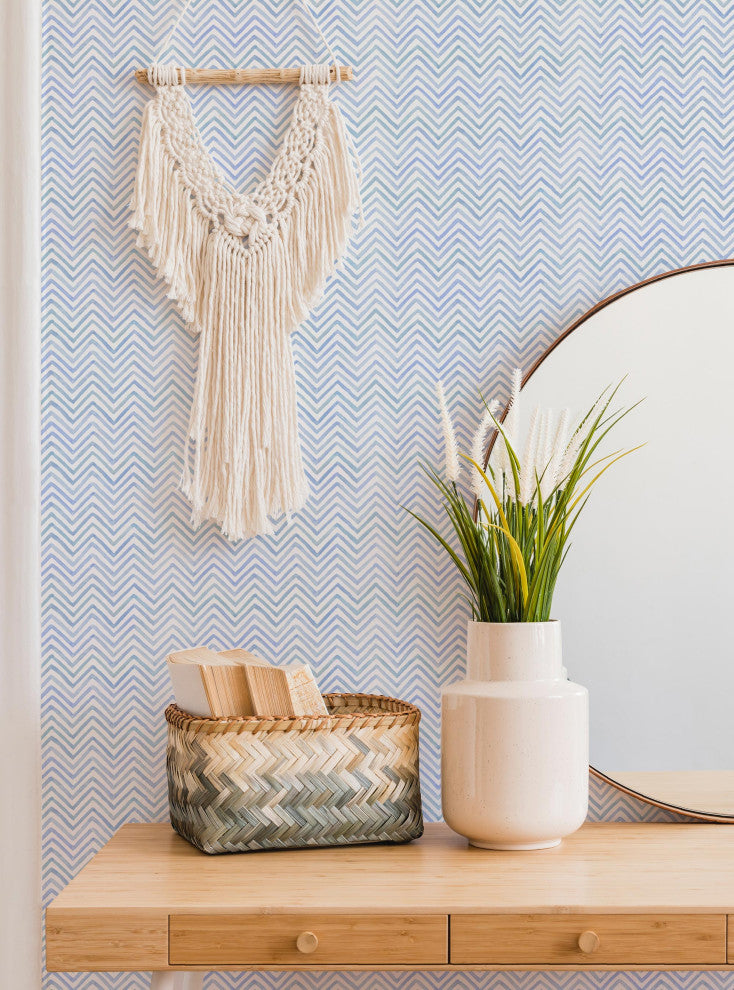 Watercolor Chevron Peel and Stick Vinyl Wallpaper, Blue Dragon, 24"w X 60"h
