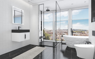 CastelloUSA Amazon 24" Wall Mounted Bathroom Vanity Set, White, Black Top, Black Handles