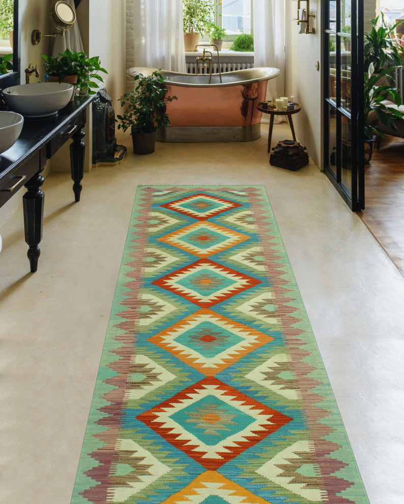 Sangat Kilim Belva Light Green/Blue Runner, 2'7x9'11