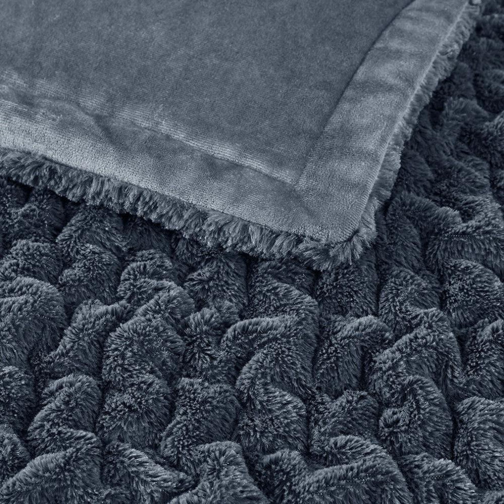 100% Polyester Machine Ruched Solid Long Fur Throw Slate Blue 50x60