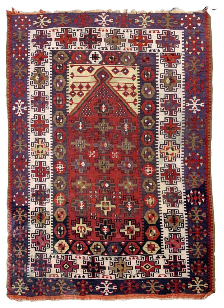 Handmade Antique Turkish Anatolian Prayer Kilim, 4.5'x6.2', 137cmx189cm 1910