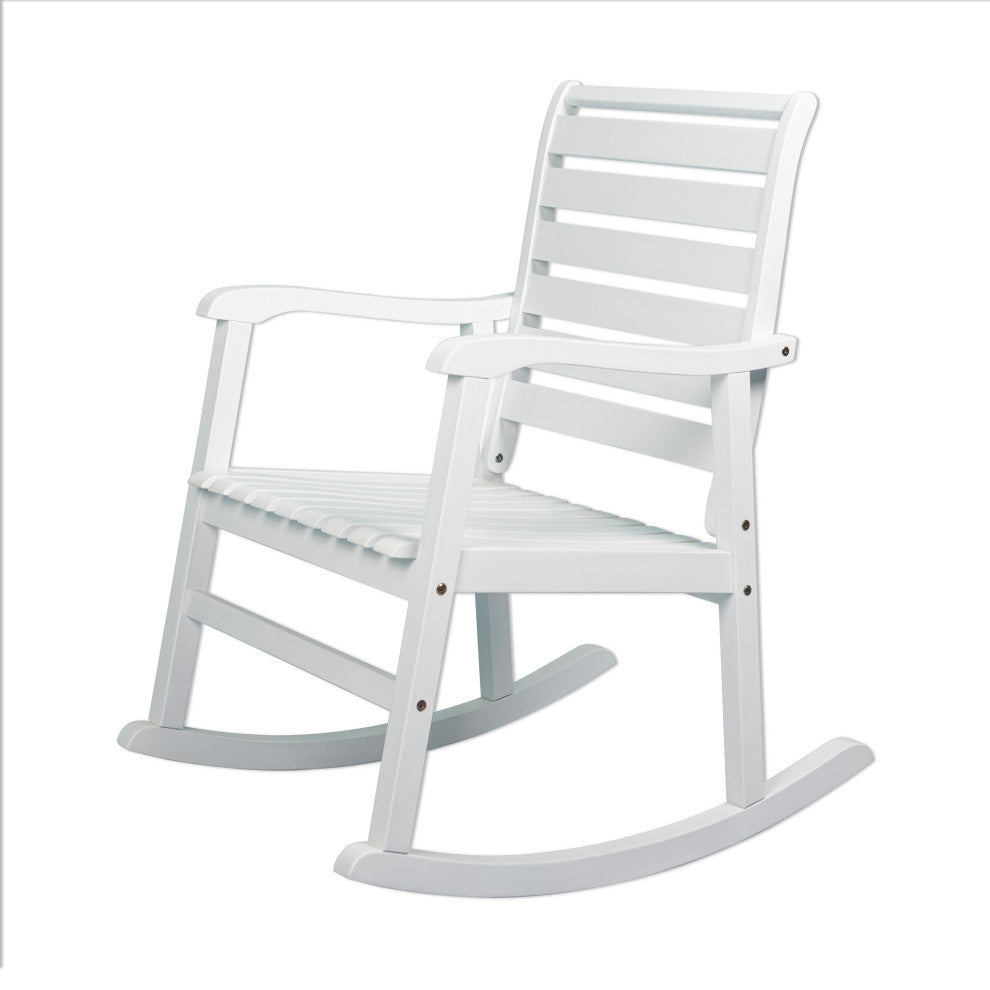 Carey Modern Slat-Back Acacia Wood Patio Outdoor Rocking Chair, White