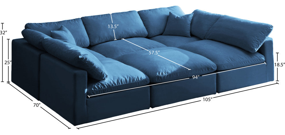 Plush Velvet / Down Standard Comfort 6-Piece U-Shaped Modular Sectional, Navy