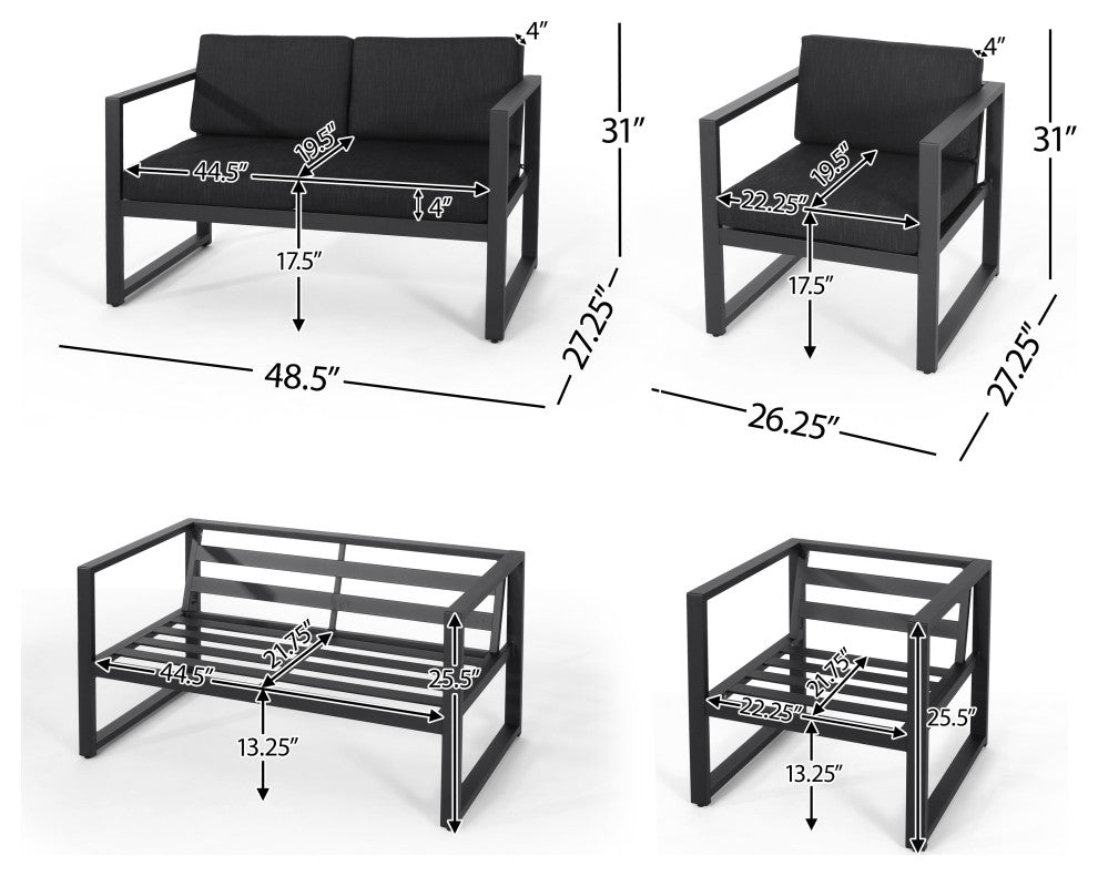 GDF Studio Navan Outdoor 4 Seater Aluminum Chat Set, Silver/Dark Gray Cushions
