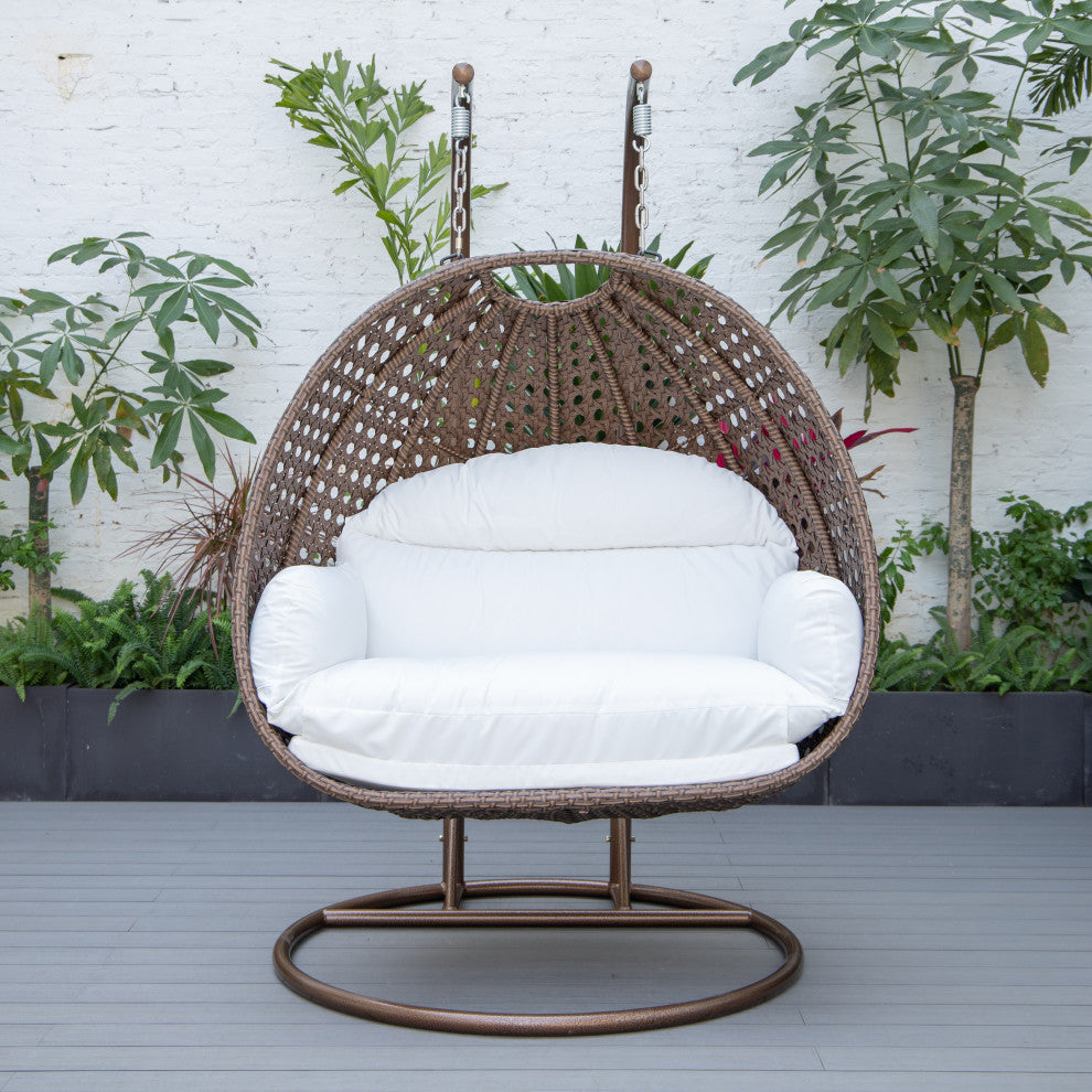 LeisureMod Mendoza Dark Brown Wicker Hanging Double Egg Swing Chair, White
