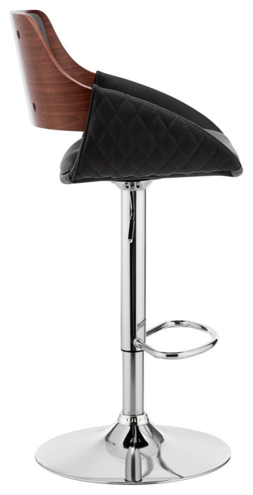 Colby Adjustable Faux Leather and Metal Bar Stool, Black and Chrome