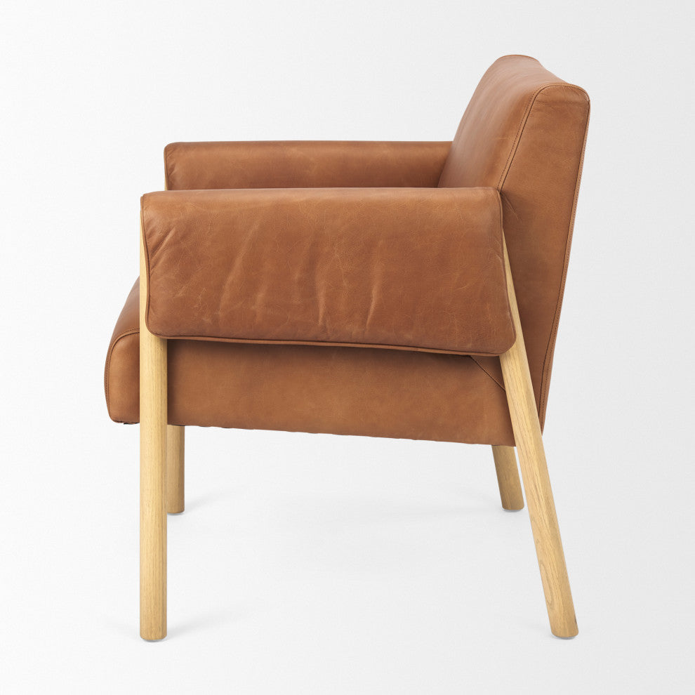 Ashton Medium Brown Genuine Leather w/ Natural Solid Wood Accent Chair