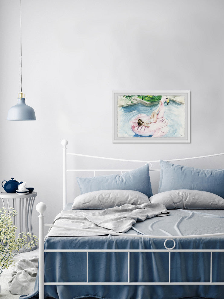 "Flamingo Floater" Framed Painting Print, 12"x8"