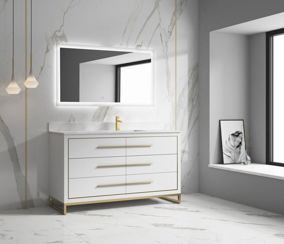 Alma Kathyia Freestanding Bath Vanity, Gold Hardware, 60" Single Sink