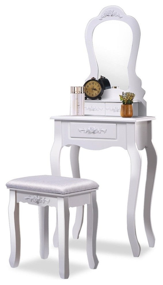 Modern Compact Vanity Makeup Dressing Table Stool Set, White