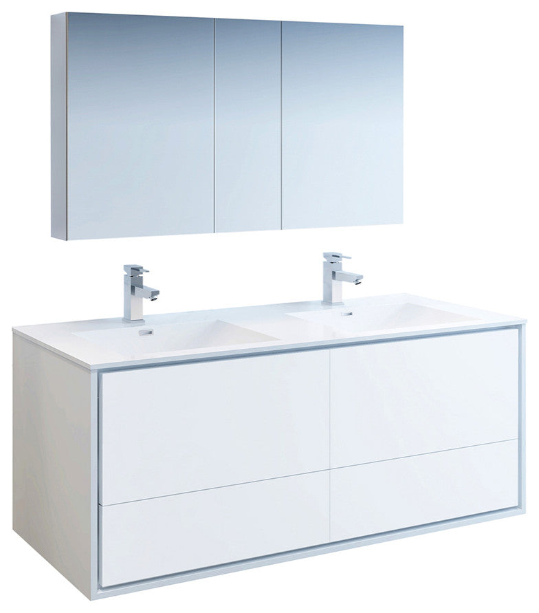 Fresca Catania 60" Gloss White Wall Hung Double Sink Vanity, Medicine Cabinet