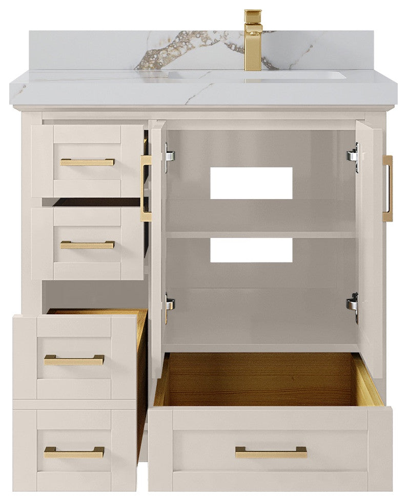 Boston 36" Right Offset Bath Vanity in Fine Grain 2" Calacatta Gold