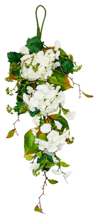 35" White Hydrangea And Green Leaves Teardrop