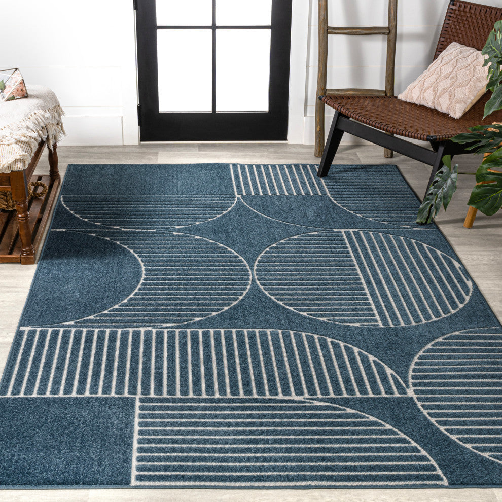 High-Low Arch Scandi Striped Navy/Cream 3 ft x 5 ft Indoor/Outdoor Area Rug