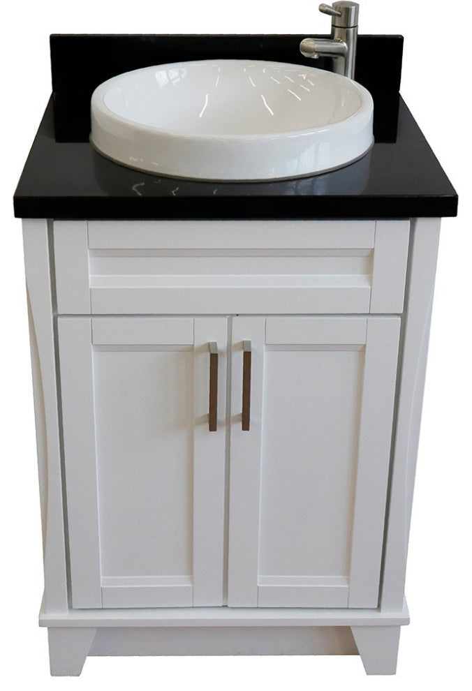 25" Single Sink Vanity, White Finish With Black Galaxy Granite And Round Sink