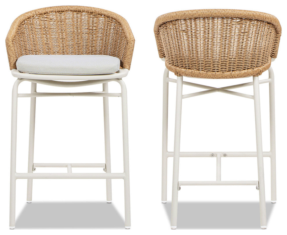 Santorini 28" Wicker Outdoor Patio Bar Stool With Arms, Set of 2, Wheat Beige