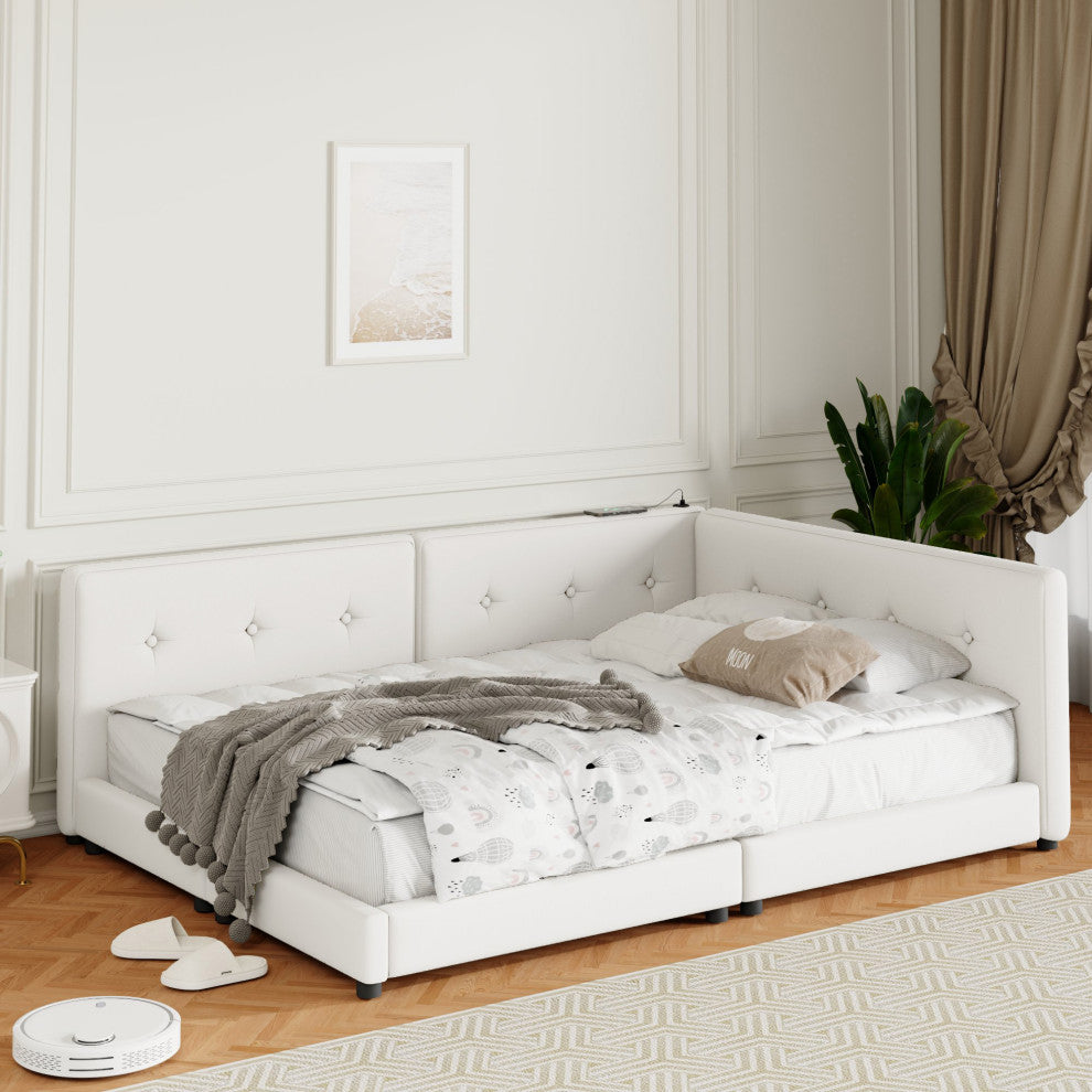 Gewnee Upholstered Queen Size platform bed with USB Ports, Beige