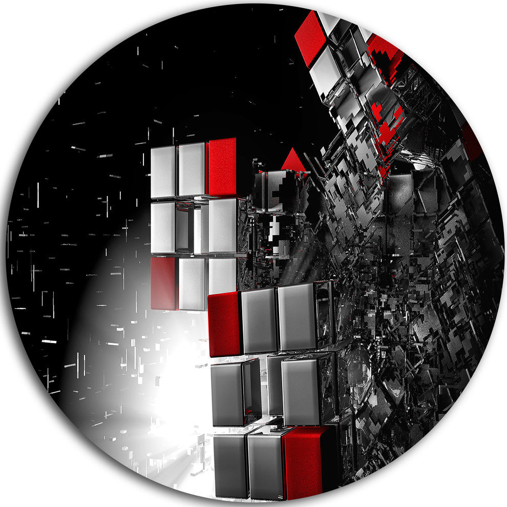 Fractal 3D Red White Cubes, Abstract Art Round Wall Art, 23"