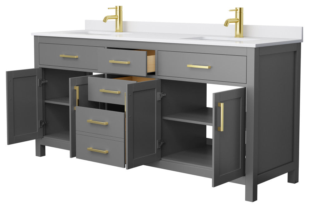 72"DBL Bath Vanity Dark Gray, White Cult.Marble Countertop, Sinks, Gold Trim