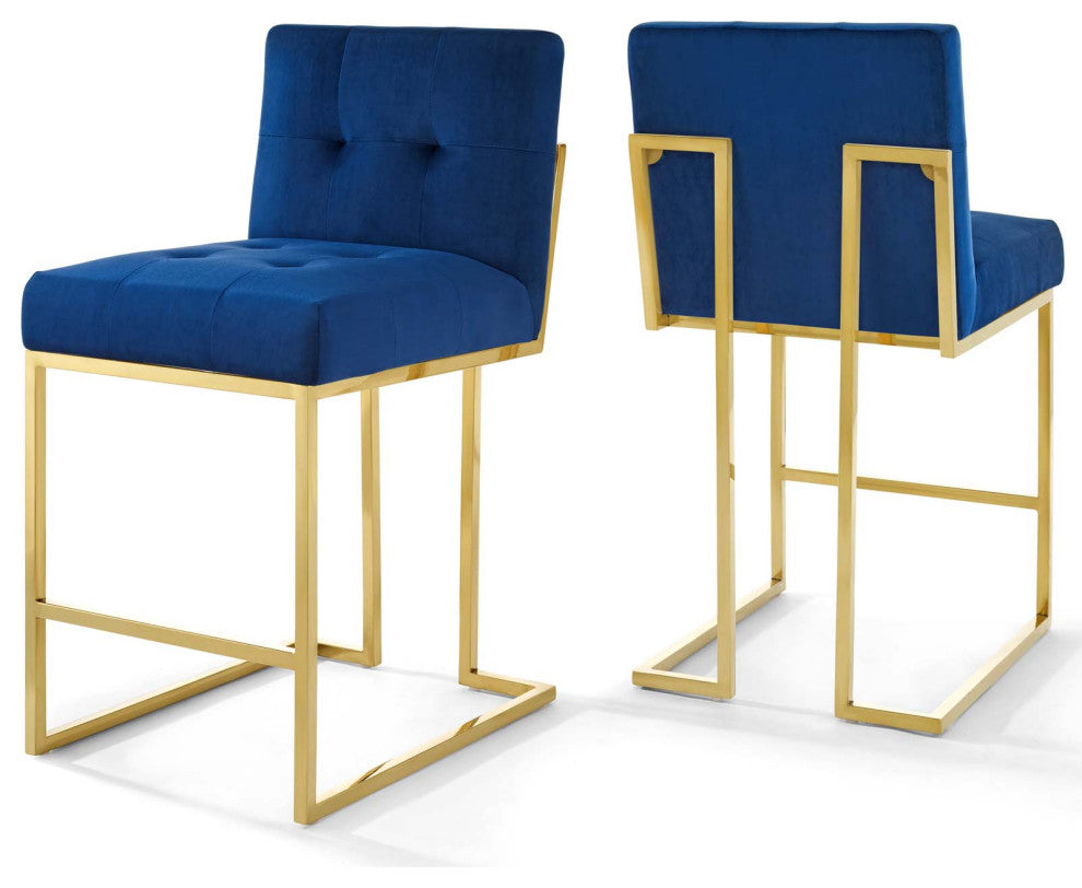 Privy Gold Stainless Steel Performance Velvet Counter Stool Set of 2 Gold Navy