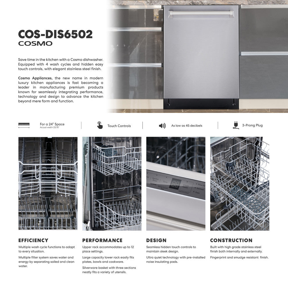 Cosmo Built-In Dishwasher Easy Clean Stainless Steel Touch Controls