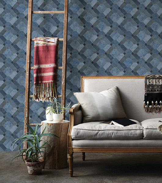Faux Marble Geometric Wallpaper, Blue, Bolt