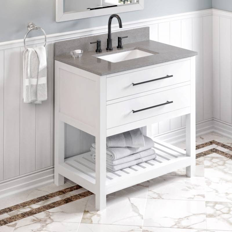 Wavecrest Contemporary White 36" Vanity, Steel Grey Cultured Marble Top