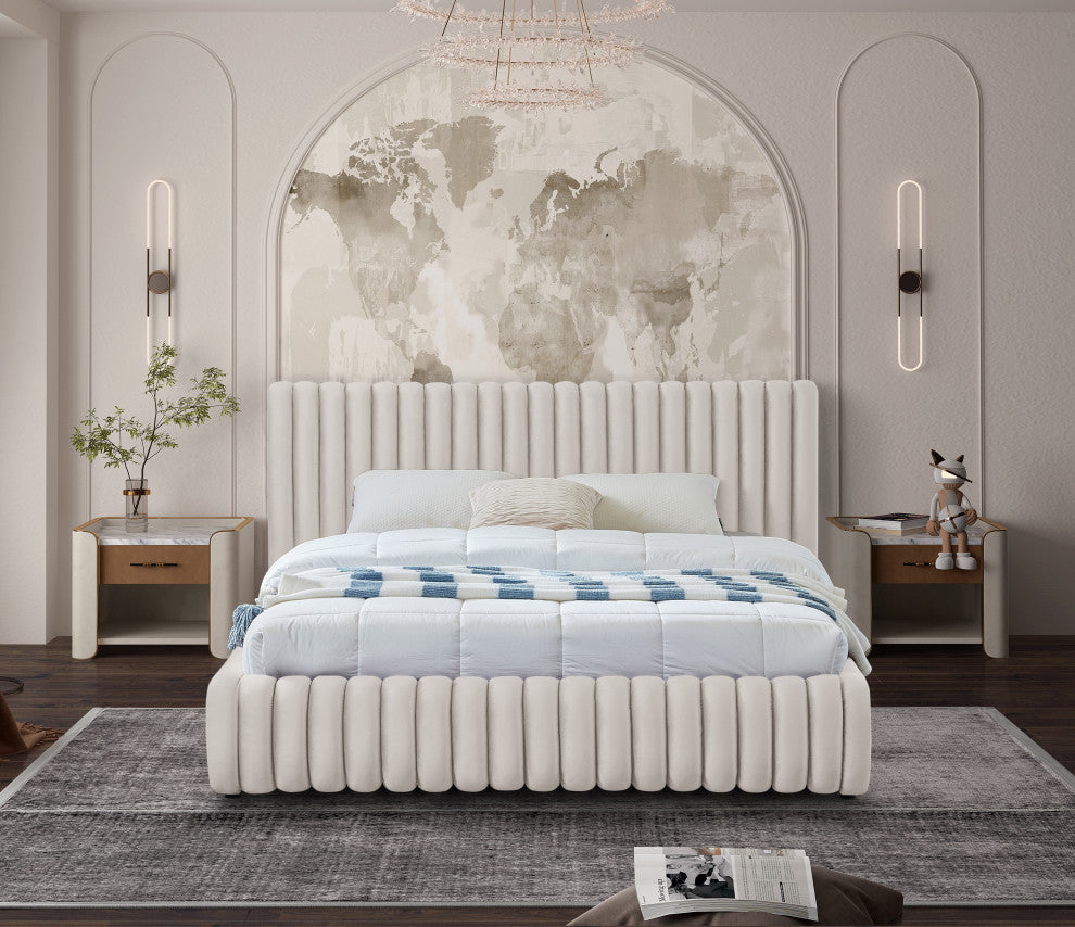 Nico Black Velvet Upholstered Bed, Cream, Queen