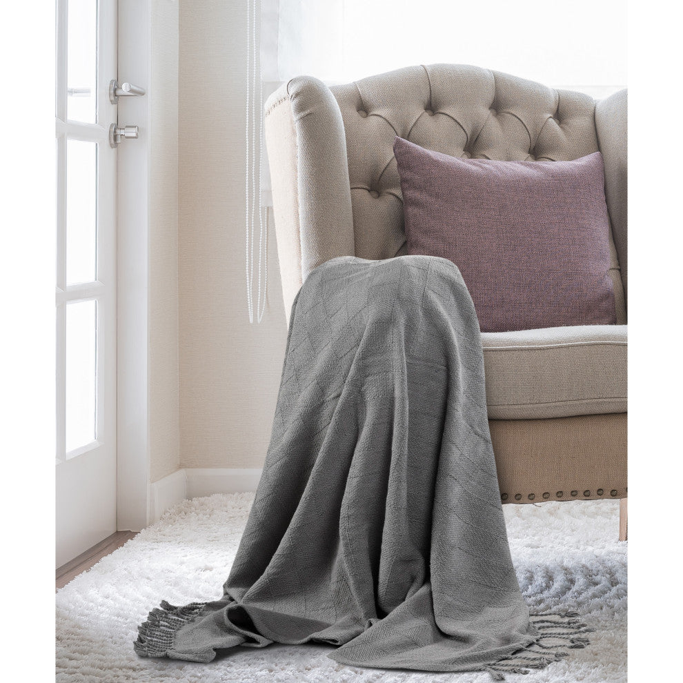 Checkered Weave Throw Blanket with Fringe, Light Gray