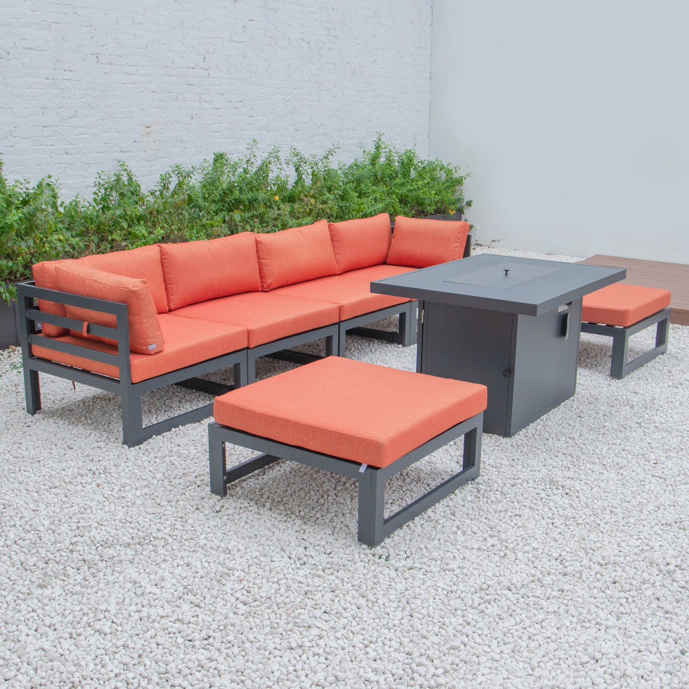 LeisureMod Chelsea 7-Piece Outdoor Sectional With Fire Pit Table, Orange