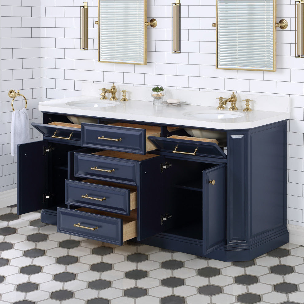 Palace 72" Double Sink White Quartz Countertop Vanity, Blue, F2-0013 Faucets