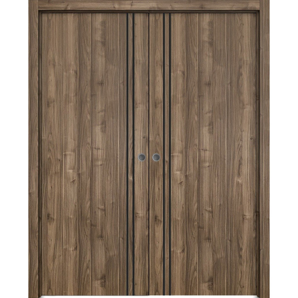 French Double Pocket Doors 36 x 96 | Planum 0016 Walnut with  | Kit Trims Rail