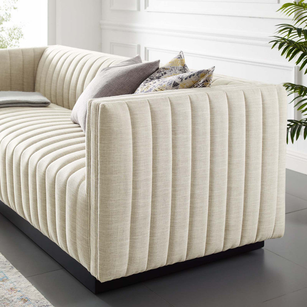 Tufted Sofa, Fabric, Beige, Modern, Living Lounge Room Hotel Lobby Hospitality
