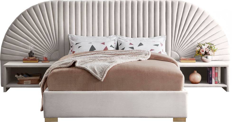 Cleo Velvet Upholstered Bed With Custom Gold Steel Legs, Cream, King
