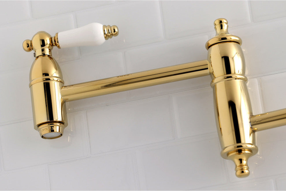 Kingston Brass Wall Mount Pot Filler Kitchen Faucet, Polished Brass