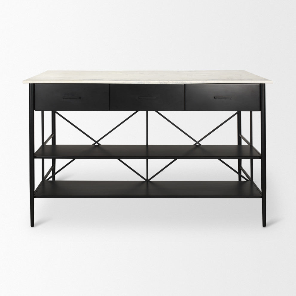 Amika White Marble Top Black Metal Base Kitchen Island