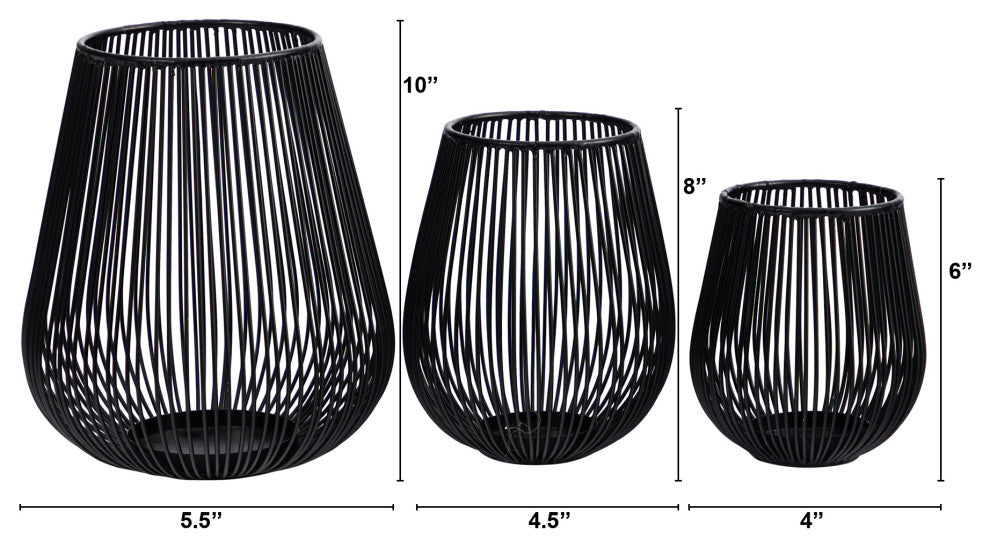 6", 8" & 10" Vintage Black Metal Wire Tea Votive Lantern Candle Holder, Set of 3