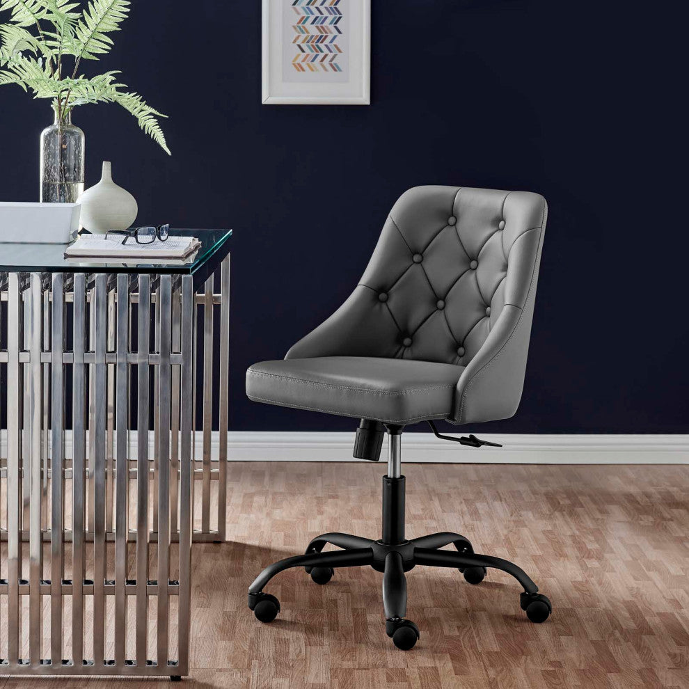 Computer Work Swivel Tufted Chair, Faux Vegan Leather, Black Gray, Home Office